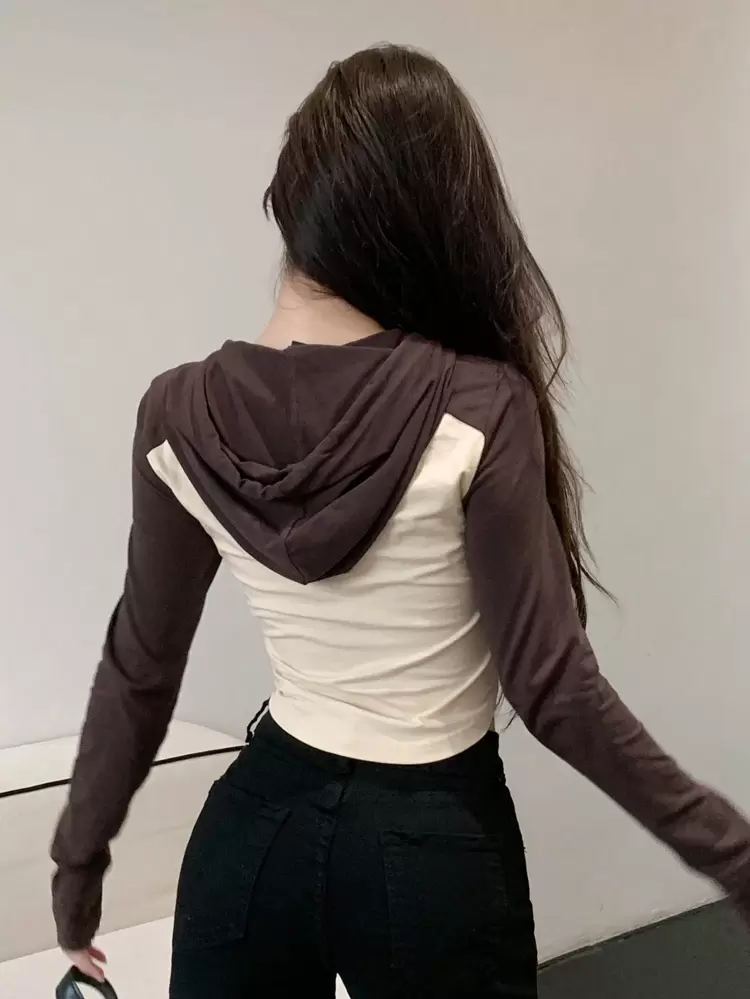 Letter Graphic Colorblock Crop Hooded Tee,Fall Clothes Long Sleeve Women Tops
