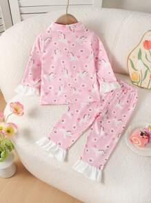 2pcs/Set Baby Girl Cute Unicorn Patched Ruffle Trim Long Sleeve Top And Pants Home Outfit - Pink - View 2