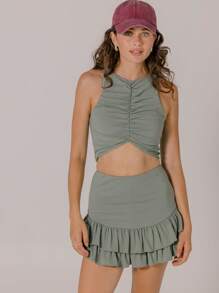 Aralina Women's Casual Solid Color Ruched Crop Tank Top & Ruffled Hem Skirt 2 Pieces Set - Olive Green - View 8