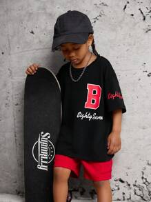 SHEIN 2pcs/Set Young Boy Casual Letter Print Patchwork Round Neck Drop Shoulder Short Sleeve T-Shirt And Shorts Set,Summer New Design For Vacation,School - Multicolor - View 8