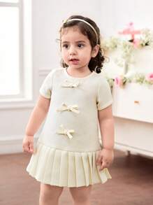 SHEIN Baby Girls Summer Cute Apricot Bowknot Pleated Dress - Apricot - View 4
