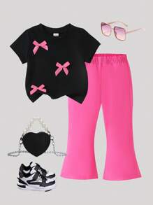 SHEIN Babymeisjes Zomer Koreaanse Stijl Casual Leuke 3D Strik Korte Mouw Gebreide Top En Zwarte Wijde Broek Set