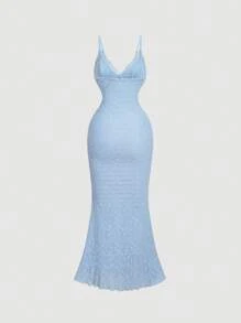 SHEIN MOD 女士纯色蕾丝荷叶边鱼尾下摆优雅细肩带连衣裙、希腊女神连衣裙、礼服、美人鱼裙、蓝色女装、女装、送礼女装、新年前夜连衣裙 - 藍色 - 查看 2