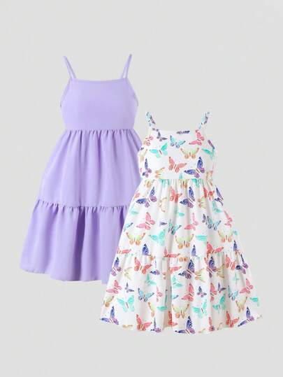 SHEIN Genkimix Kids Set de 2 vestidos para niña preadolescente con estampado de mariposas de colores y morado sólido
