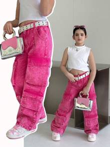Tween Girls Y2K Style Multicolor Denim Effect Fashion Street Multi-Pocket Cargo Pants, Casual Everyday Urban Streetwear Jeans - Hot Pink - View 3