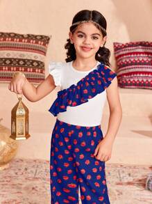 SHEIN Young Girl Casual Matching Mother-Daughter Knitted Plain Ruffle Hem Fitted Casual T-Shirt And Wide-Legged Pants With Woven Floral Loose Fit And Elastic Cuffs Two Pieces Set, Suitable For Spring And Summer, Perfect For Vacations - Blue - View 5