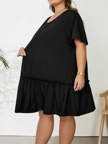 SHEIN CURVE+ Đầm Babydoll Xòe Viền Ruffle Size Lớn Cho Kỳ Nghỉ, Mùa Hè - màu đen - Xem 4