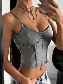 SHEIN ICON 女士日常百搭修身时尚牛仔吊带背心 - 淺色水洗藍 - 查看 4