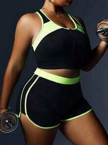 Easithlete 时尚女士大码健身瑜伽运动套装 - 黑色 - 查看 4