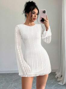 Firerie Đầm midi thời trang thanh lịch & lãng mạn cho nữ đi làm, phong cách quyến rũ & gợi cảm, thích hợp cho tiệc tùng, ngày lễ, trở lại trường, hẹn hò lãng mạn và sinh nhật đám cưới, váy ngắn tay dài ren bó sát, mùa thu/đông - trắng - Xem 4