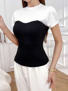 Modelyn 女士夏季拼色立領短袖休閒時尚T恤 - 黑與白 - 查看 5