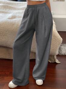 DAZY 女式纯色直筒松紧腰宽松口袋抽绳运动裤秋季女式慢跑裤 - 深灰色 - 查看 6