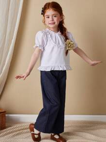 Blossori Young Girls' White Woven Shirt With Ruffled Hem, French Elegant Style For Spring/Summer - White - View 4