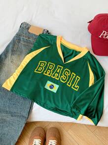 SHEIN Comfortcana Women's Summer Short Sleeve V-Neck Color Block Letter Printed Casual Crop Top With Raglan Sleeve Jersey