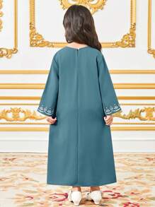 SHEIN Leap Crew Young Girl National Pattern Long Robe - Green - View 2