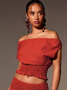 Athîral Women's Solid Colour Bardot Ruched Waist Top - Red - View 1