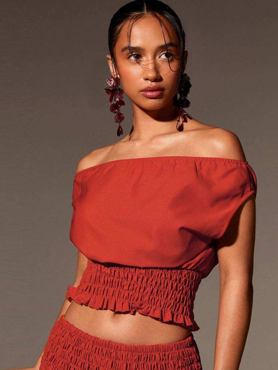 Athîral Women's Solid Colour Bardot Ruched Waist Top - Red - View 1