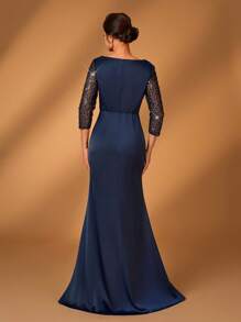 Serin Elegant And Gorgeous Navy Blue Lace Sequins Stitched Satin Sweetheart Neckline See-Through Three-Quarter Sleeves Gathered Twist Diamond Embellished Japanese Button Fishtail Hem Suitable For Prom Dinner Party Holiday Wedding Event Mother Of The Bride Dress Evening Dress
