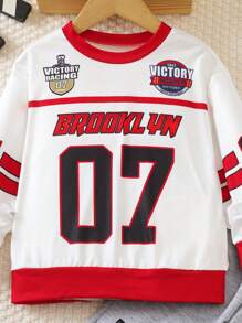 SHEIN 2 件装幼儿男童百搭休闲运动赛车速度图标印花圆领运动衫 + 撞色块运动裤套装，适合秋季、冬季、学校、过渡季节、日常穿着、家居、运动、街头服饰 - 彩色 - 查看 5