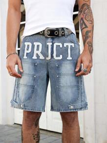 ROMWE MEN Street Life Men's Letter Embroidered Multi-Pocket Denim Shorts - Baby Blue - View 2