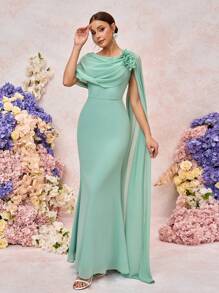 SHEIN Belle Elegant And Romantic Bean Green One-Shoulder Swing Collar Gathered Stitching Large Floating Piece Three-Dimensional Flower Slim Fishtail Hem Suitable For Wedding Events Dating Vacation Bridesmaid Dress