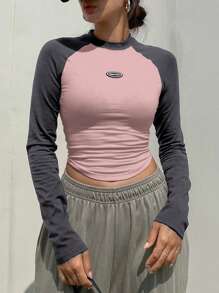 DAZY Women's Colorblock Letter Applique Long Sleeve T-Shirt, Spring & Summer - Pink - View 5