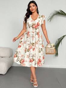 Flirla Plus Size Floral Print V-Neck Ruffle Sleeve Mid-Length Dress, Suitable For Dates And Vacations - Multicolor - View 5