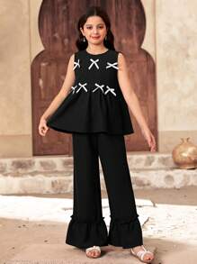 SHEIN Leap Crew 2 Pieces Set For Tween Girls: Round Neck Color Block Bow Accent Top And Flare Leg Pants, Casual - Black - View 5