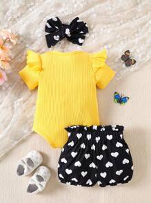SHEIN 3pcs/Set Toddler Kids Casual Outing Outfit, Includes Bodysuit With Embroidered Cap Sleeves, Long Pants And Headband With Bow