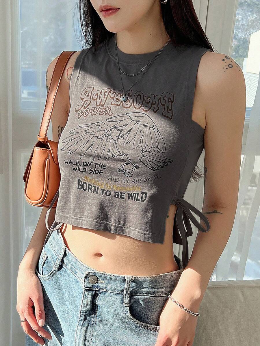 DAZY 标语图案结饰短款背心 狂野一面的超棒力量行走 充满阳光 天空才是极限 生来狂野节 - 深灰色 - 查看 1
