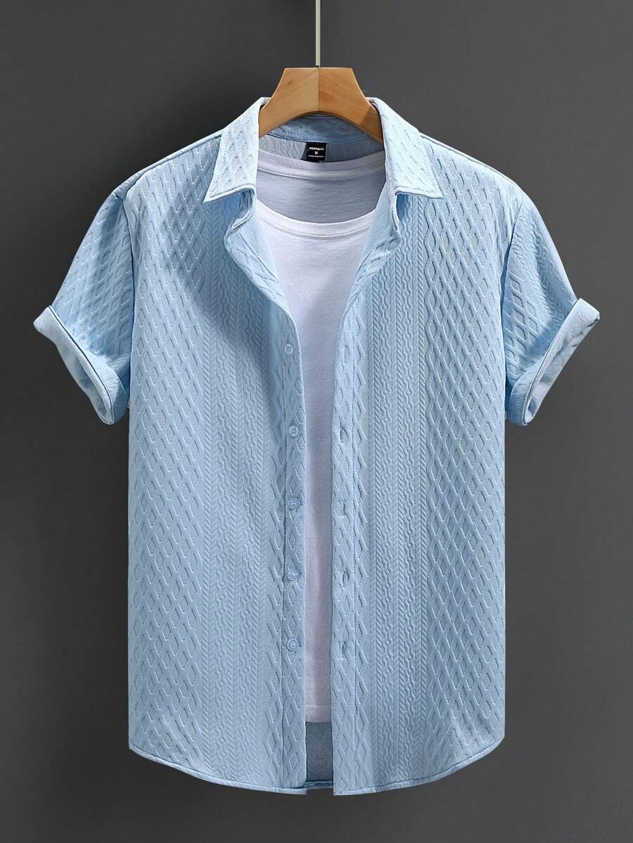 Manfinity Homme 男士休闲简约纯色纹理短袖衬衫，男士男士衬衫，男士服装衬衫 - 藍色 - 查看 1