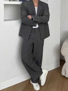 DAZY Men 2 Pieces Solid Grey Suit Set, Spring Business Attire - Grey - View 7