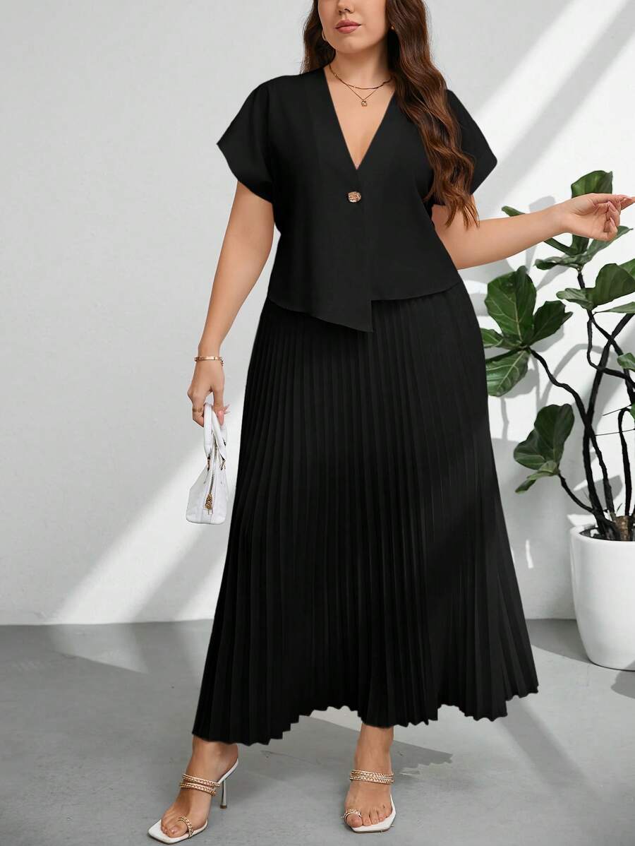 Firerie Plus Size Elegant Commuter Solid Color Batwing Sleeve Top And Pleated Skirt 2 Pieces Set