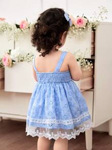 Cute Blue Embroidered Contrast Lace Sleeveless Dress, For Baby Girls, Summer - Blue - View 2