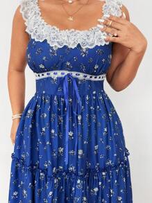 Flirla Plus Size Women Square Collar Contrast Lace Romantic Vacation Dress, Spring/Summer - Blue - View 3
