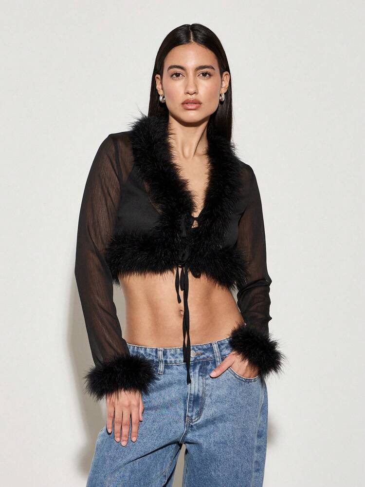 Mesh Cropped Blouse With Fur Trim And Front Tie