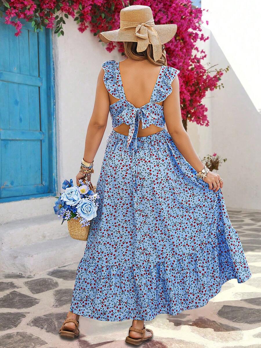 Flirla Plus Size Women's Spring/Summer Square Neck Backless Bow Ditsy Floral Dress