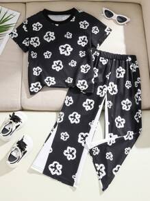 SHEIN Jonge jongens bloemenprint ronde hals korte mouw top en broek casual outfit, geschikt voor dagelijks gebruik