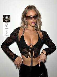 SHEIN ICON 女士蕾丝对比交叉系带前短款上衣 2 件套 - 黑色 - 查看 8