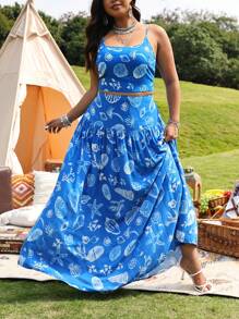 SHEIN LUNE Plus Size 2pcs/Set Ocean Element Print Tie Back Camisole Top And Skirt Set, Summer Vacation - Blue - View 2