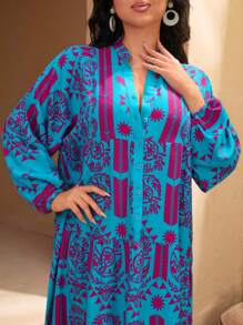 RueChic Floral All Over Print Vacation Style V-Neck Plus Dress - Blue - View 5