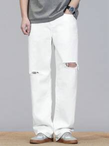 Manfinity Homme Heren Casual Distressed Plain Denim Jeans, Veelzijdig