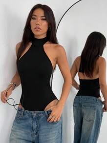 Flirla 黑色高领露背系带紧身衣，超弹柔软舒适简约休闲日常女士服装，春夏 - 黑色 - 查看 1