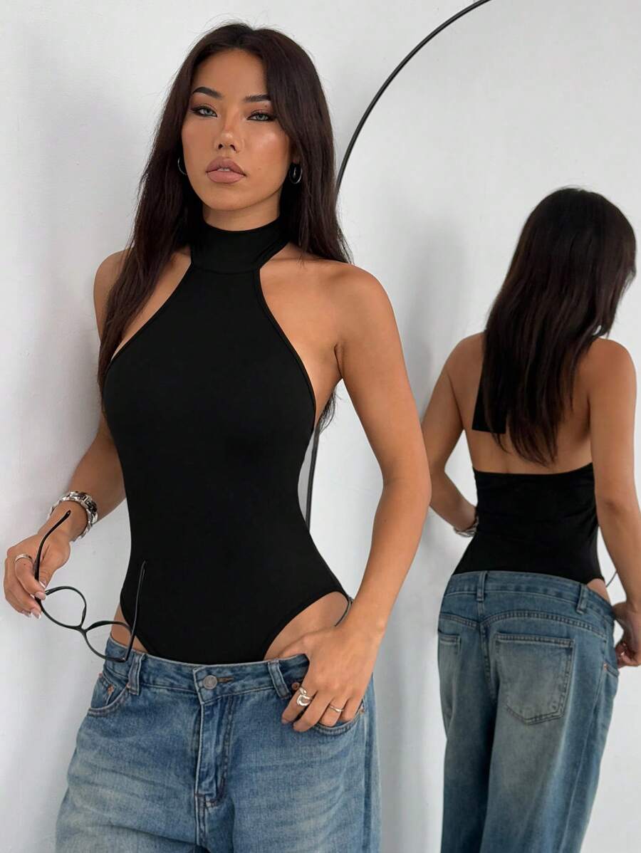 Flirla 黑色高领露背系带紧身衣,超弹柔软舒适简约休闲日常女士服装,春夏 - 黑色 - 查看 1
