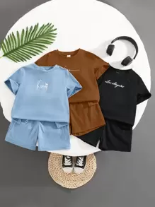 SHEIN Leap Crew 6pcs Set Young Boys Casual School Style Fashion Versatile Soft Short Sleeve T-Shirt And Shorts, English Graphic, Comfortable & Practical, Suitable For Spring/Summer - Black - View 2