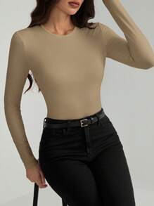 SHEIN Tall Solid Slim Fit Spring Women Bodysuit - Khaki - View 4