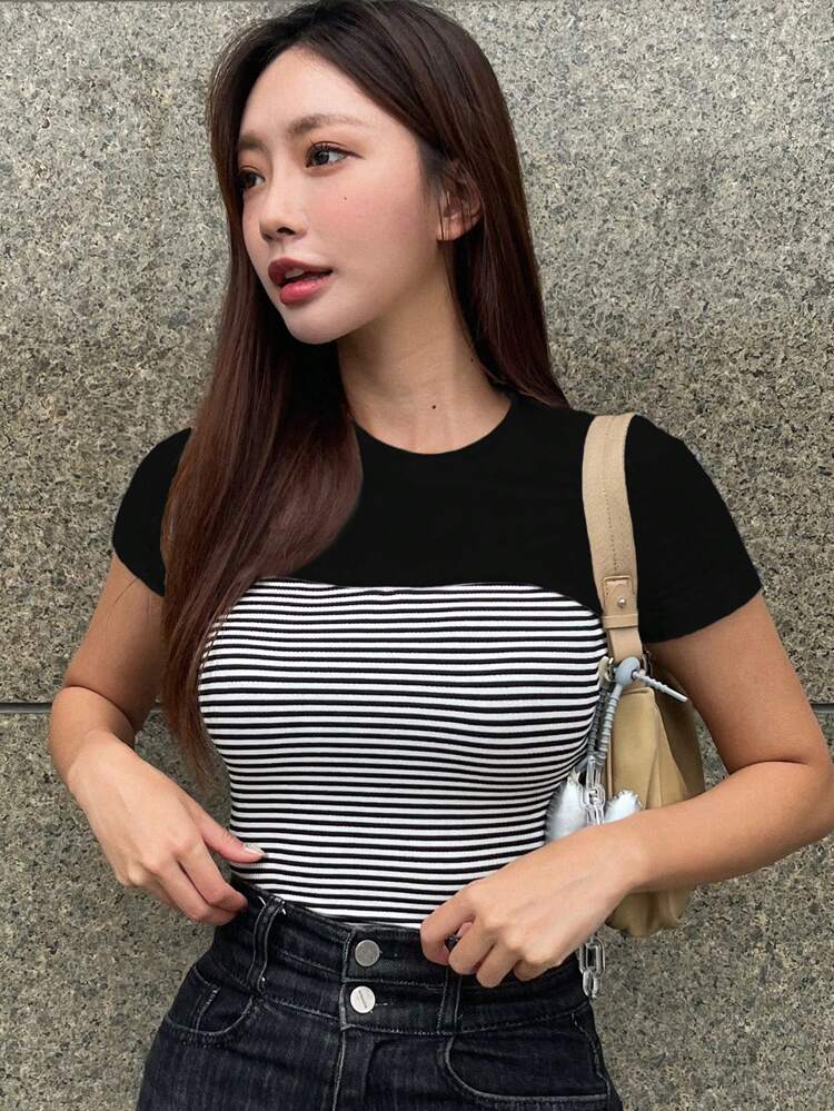 Striped Print 2 In 1 Tee,Crop Tops Women