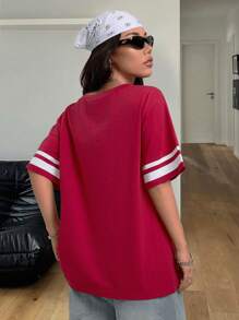 Coolane Camiseta roja para mujer con hombros descubiertos, estampado digital y bloques de color a rayas, de uso diario y para ocasiones, estilo vintage, para el Año Nuevo