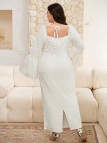 Modelyn Plus Size Women Square Neck Bell Sleeve Front Tie Waist Elegant Dress - White - View 2