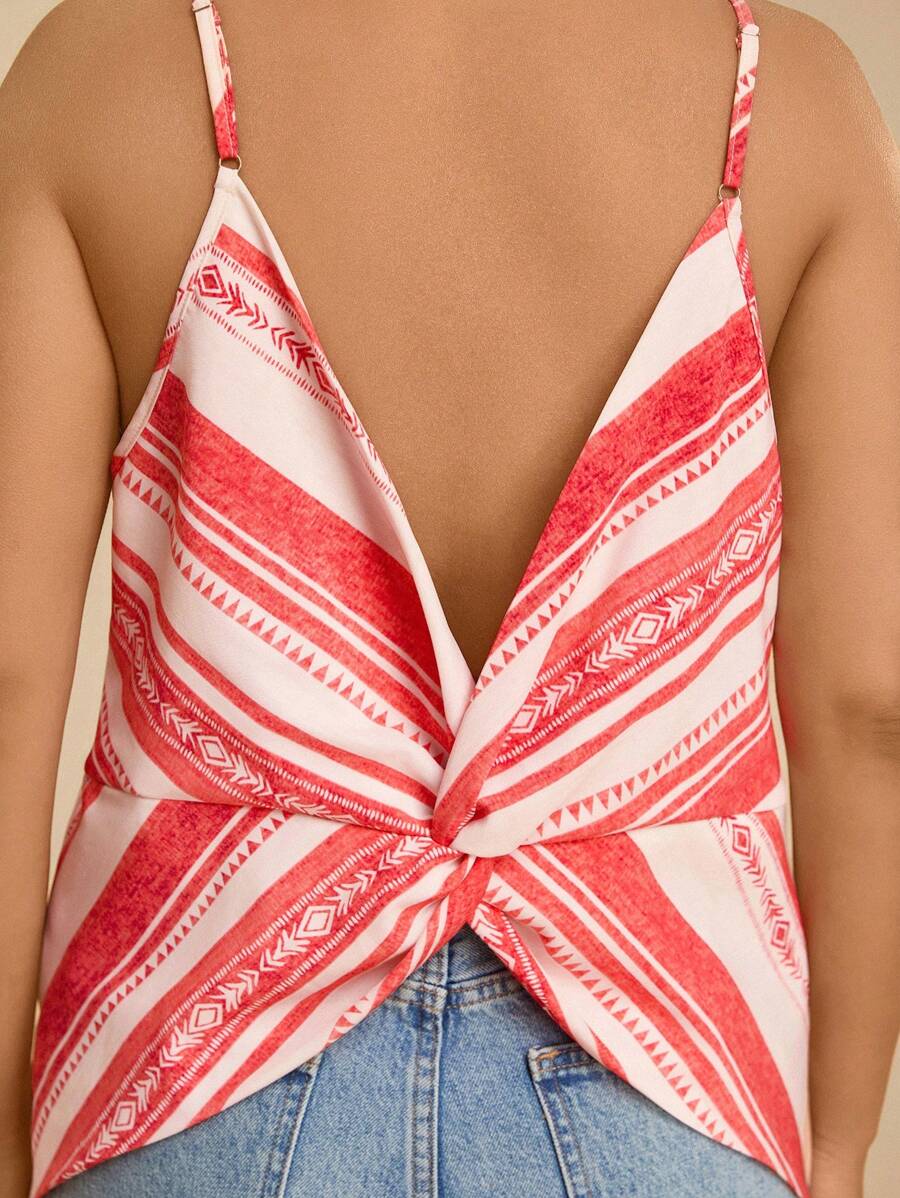 Travachic 大码女式休闲度假吊带露背红色条纹背心，背部扭纹设计，春夏 - 紅色 - 查看 1